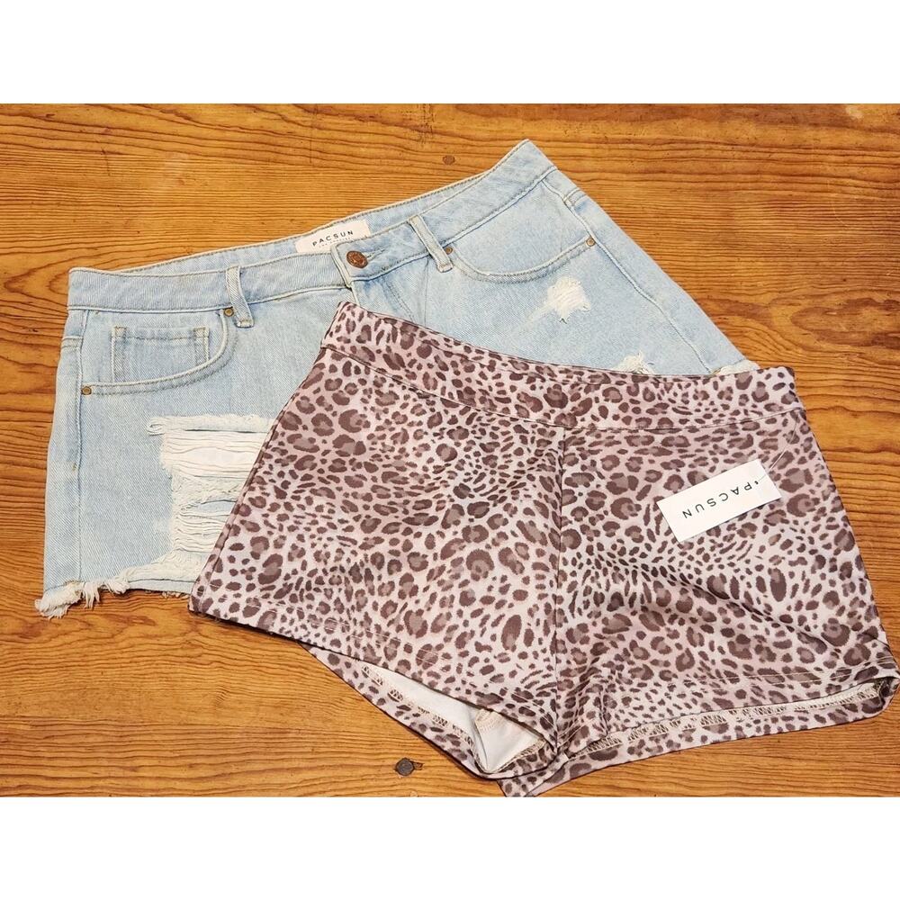 Lot 2 Pac sun High Rise Festival Jean Shorts 28 Cheetah Animal Print Sz S Denim